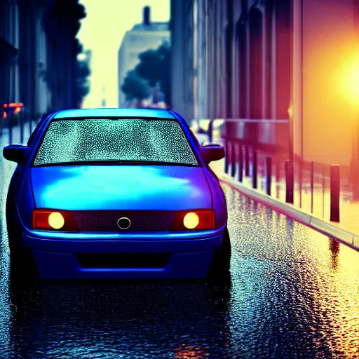 Image similar to blue car, street, rain, sun. super realistic 8 k render of a dark hooded powerful elegant, cinematic composition