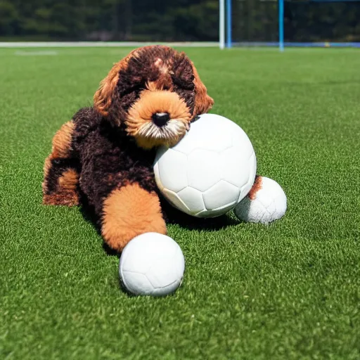 Prompt: bernedoodle puppy stuffed animal playing soccer