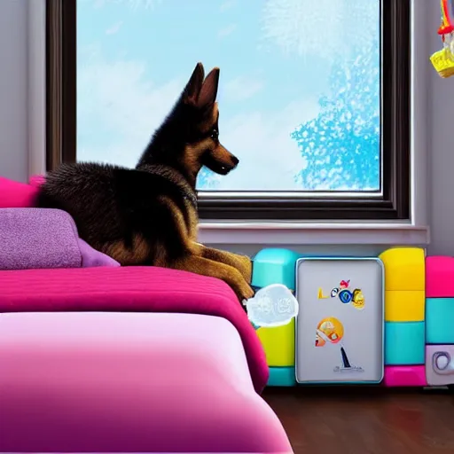 Prompt: eye - level view, in a child's bedroom filled with toys there is a bed under a window with a colorful bedspread. a super cute gsd puppy runs and jumps and plays with dog toys on the bed. hilarious, funny, back to school comedy, cg animation, 3 d octane render, imax 7 0 mm,