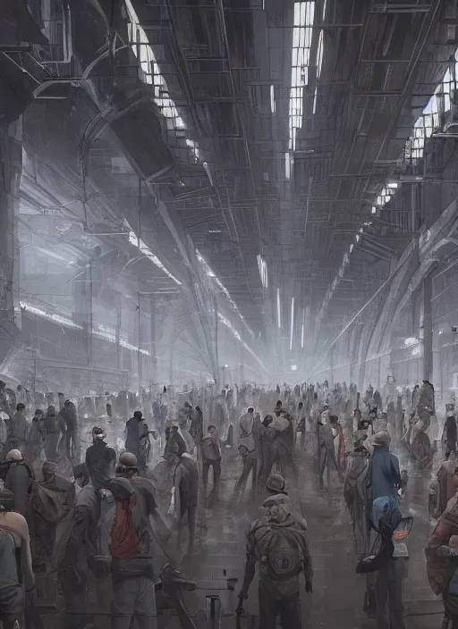 Prompt: a long queue of people standing in a huge underground dystopian factory, low camera angle, hyperdetailed, artstation, cgsociety, 8 k