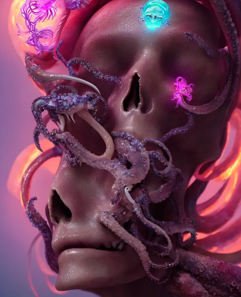 Image similar to goddess close - up portrait human skull, ram skull, squid phoenix jellyfish, orchid, betta fish, bioluminiscent, intricate artwork by tooth wu and wlop and beeple. octane render, trending on artstation, greg rutkowski very coherent symmetrical artwork. cinematic, hyper realism, high detail, octane render, 8 k