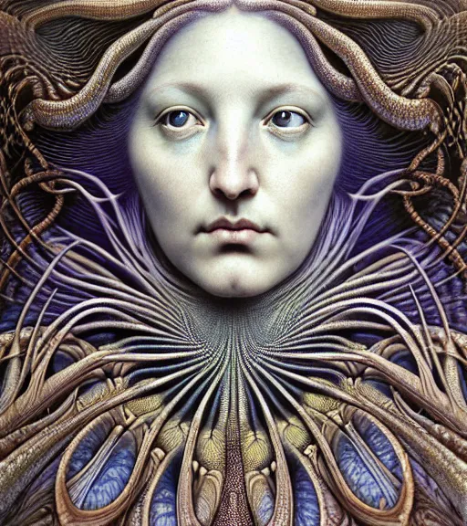 Image similar to detailed realistic beautiful clam goddess face portrait by jean delville, gustave dore, iris van herpen and marco mazzoni, art forms of nature by ernst haeckel, art nouveau, symbolist, visionary, gothic, neo - gothic, pre - raphaelite, fractal lace, intricate alien botanicals, ai biodiversity, surreality, hyperdetailed ultrasharp octane render