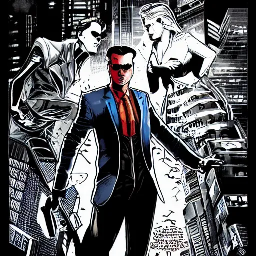 Image similar to a cyberpunk young mafia boss with slicked back hair, in a cyberpunk setting, comic book art, cyberpunk, art by stan lee, pen drawing, inked, colorful, bright high tech lights, dark, moody, dramatic, deep shadows, marvel comics, dc comics