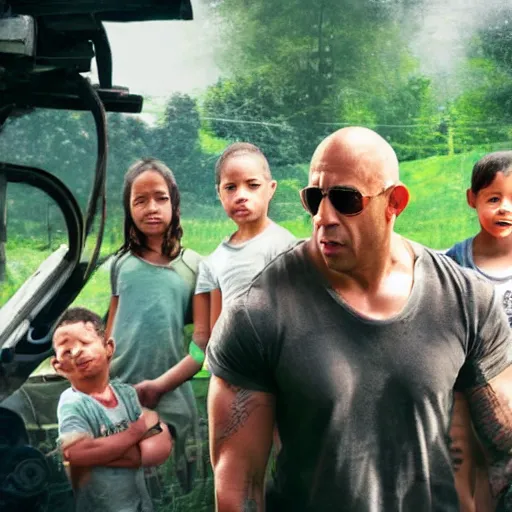 Image similar to closeup photo of vin diesel and his 6 children, sunny day, village house, pastoral, happy, cinematic, art by jan urschel and neil blevins