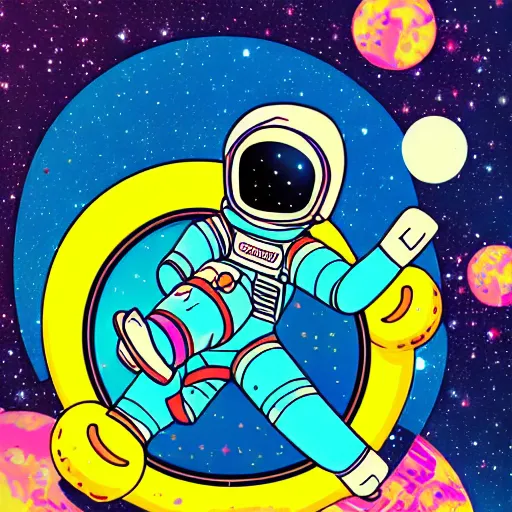 Prompt: Medium shot of an astronaut relaxing in space designed by Lisa Frank, digital art, cartoon art, acrylic, bokeh, synthwave, retro,