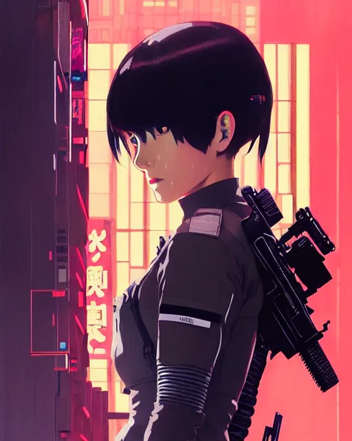 Image similar to girl wearing in tactical gear | | audrey plaza, fine detail!! anime!! realistic shaded lighting!! dramatic!! poster by ilya kuvshinov katsuhiro otomo ghost - in - the - shell, magali villeneuve, artgerm, jeremy lipkin and michael garmash and rob rey