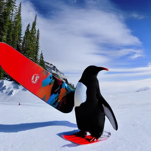 Prompt: ultrawide angle photograph of a snowboarding penguin, extremely detailed, the penguin has ruffled feathers, the snowboard he is standing on is bright red and carved, the snowboard has a tribal print, 8 k