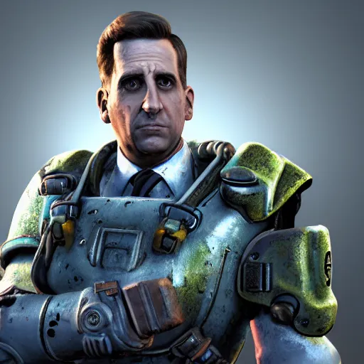 Image similar to Michael Scott in a fallout power armor, fallout4, rtx, raytracing, unreal engine, hyper realistic, sun rays