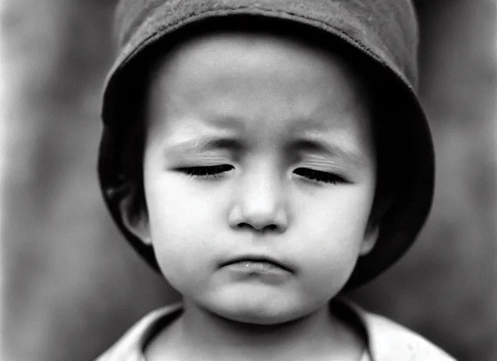 Prompt: high _ resolution _ black _ and _ white _ portrait _ with _ a _ 3 5 mm _ f _ 5. 0 _ lens _ of _ a _ single _ child _ single _ head _ from _ soviet _ russia with eyes closed with a sorrowf