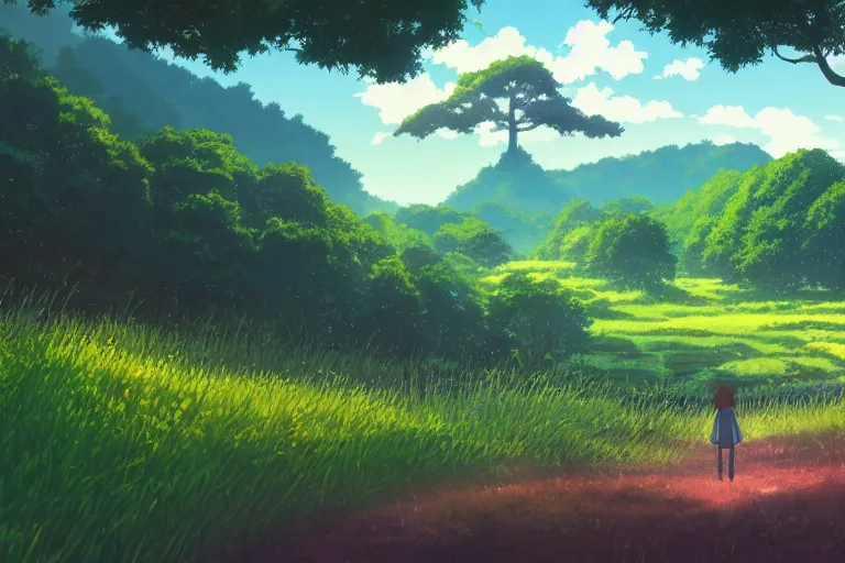 Prompt: anime screenshot wide-shot landscape with river and meadow hill, forest on the horizont, beautiful ambiance, golden hour, studio ghibli style, by hayao miyazaki, tom moor, sharp focus, highly detailed,