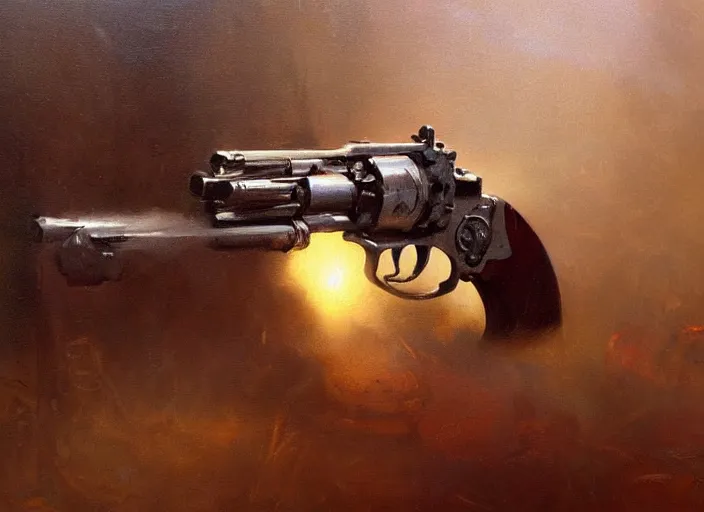 Image similar to oil painting of metallic revolver closeup, art by anders zorn, wonderful masterpiece by greg rutkowski, beautiful cinematic light, american romanticism by greg manchess, reflections in copper, sunlight, dust and steam
