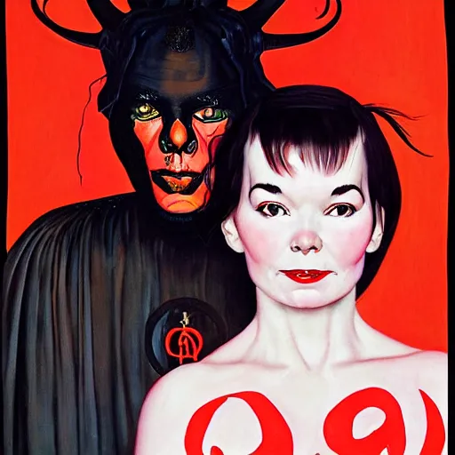 Image similar to a portrait painting of bjork and satan. Painted by Norman Rockwell