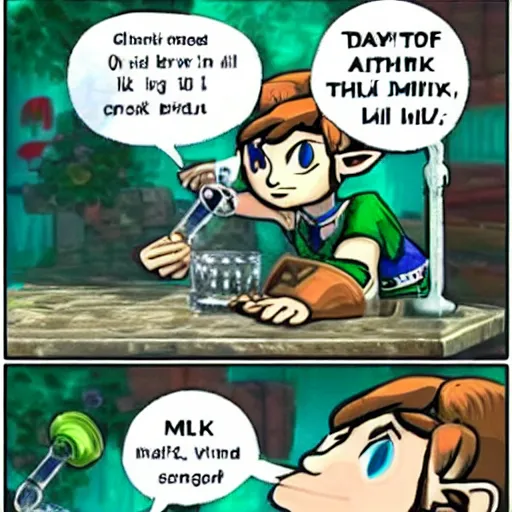 Image similar to link aggressively drinks milk from a bottle, legend of zelda