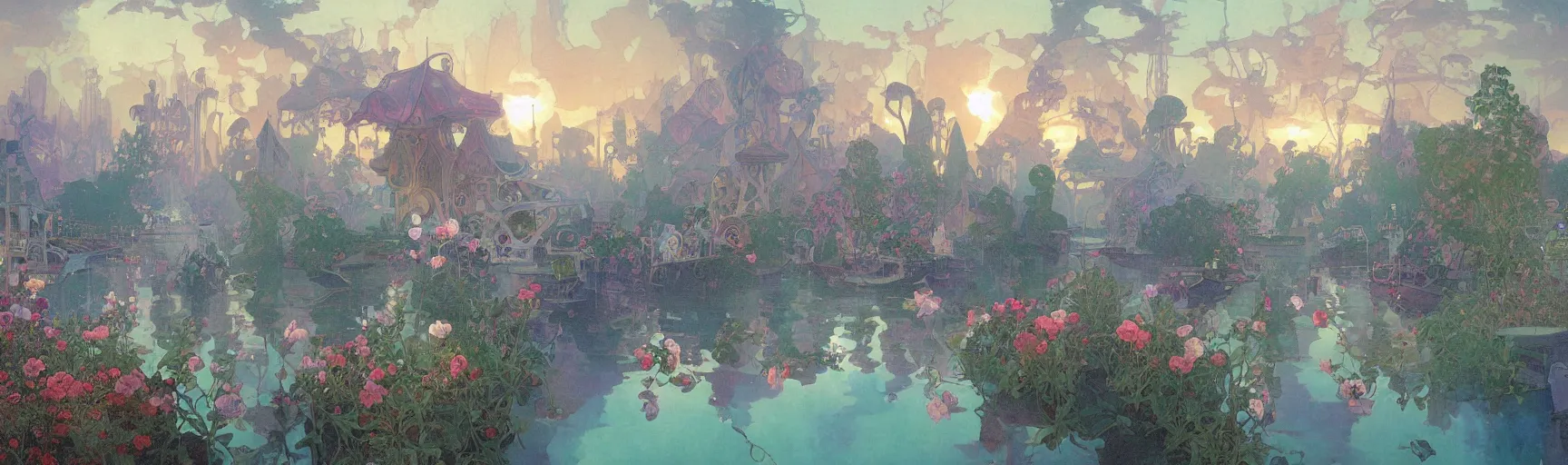 Prompt: a beautiful painting of a utopian science fiction landscape, a lake with boats, houses on stilts, different colour led lights and neon, flowers, by alfons maria mucha and julie dillon and makoto shinkai
