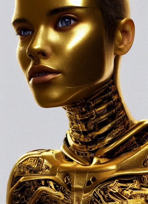 Image similar to Kodak Portra 400, 8K, soft light, volumetric lighting, highly detailed, britt marling style 3/4 ,portrait photo of a beautiful cyborg woman with gold , cyberpunk,sci-fi, fantasy, intricate, elegant, highly detailed, digital painting, artstation, concept art, smooth, sharp focus, illustration, art by artgerm and greg rutkowski and alphonse mucha