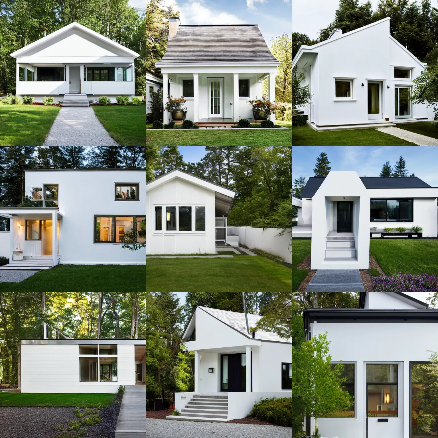 Prompt: exterior of a Modern cottage with light white paint, photo