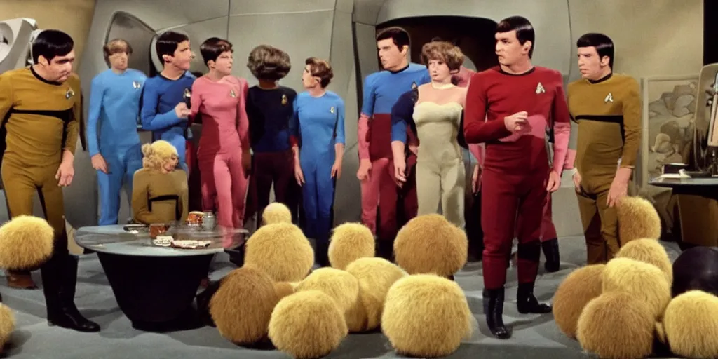 Image similar to a scene from Trouble with Tribbles, an episode of the original Star Trek series