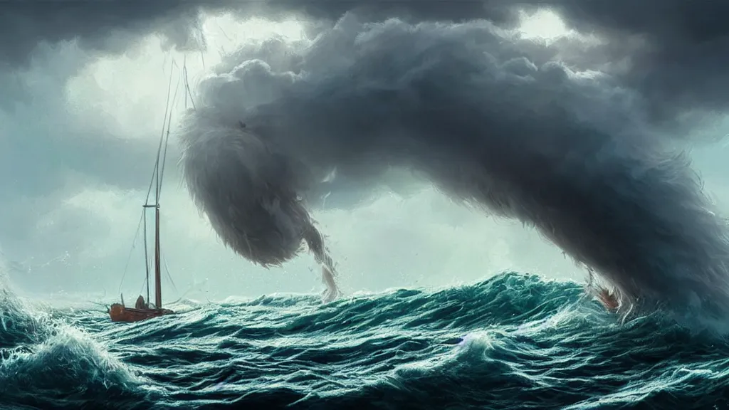 Image similar to a gigantic cat bursting out of a stormy sea attacking a small sail boat, wet fur, giant waves, sunbeams in background, intricate, detailed, volumetric lighting, sharp focus, scenery, photorealism, digital painting, highly detailed, concept art, by simon stalenhag and mark brooks