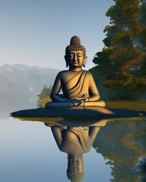 Prompt: a beautiful matte painting of a buddha statue in complete meditation trending on artstation, zen feeling, cam, peaceful, clear water reflection, 3 d, realism, fantasy