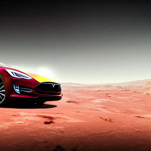 Image similar to elon musk driving a tesla on mars, sharp, detailed face, 8 k, octane render