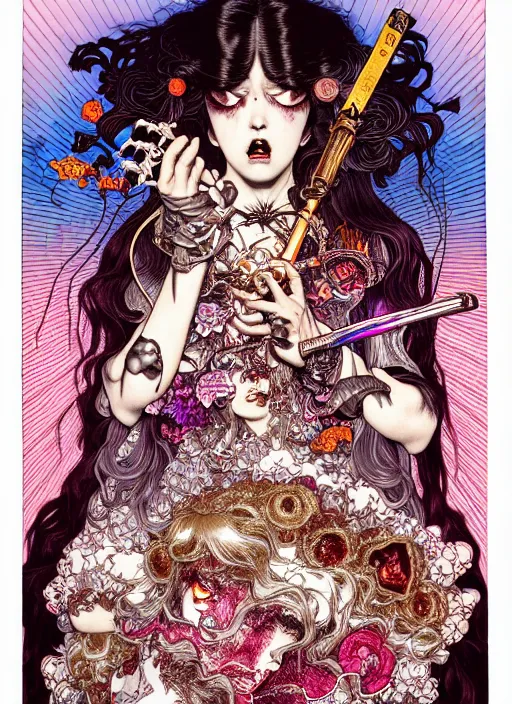 Prompt: highly detailed terada katsuya artstation ayami kojima manga poster of princess mechine open mouthed enraged damaged angry zombie, rainbow gradient reflection, long hair, armor, dress, laces, ruffles, 8 k, maximalist,, jump comics, tomer hanuka, alphonse mucha