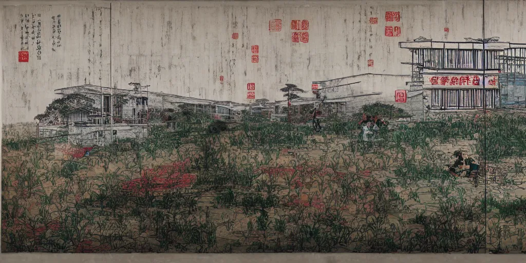 Image similar to a chinese prison near a river by peter doig, overlaid with chinese adverts