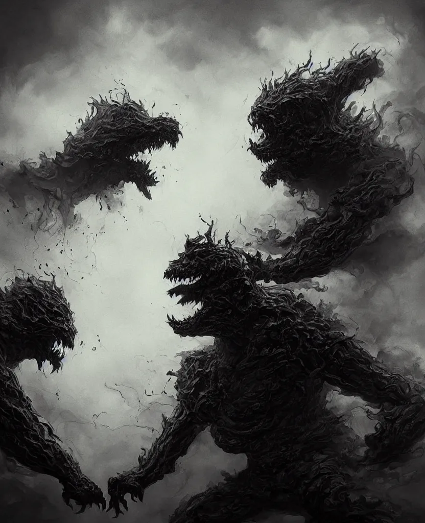 Image similar to a painting of a giant smoke monster fighting a young man, dark colors, sinister atmosphere, dramatic lighting, cinematic, establishing shot, extremely high detail, photo realistic, cinematic lighting, pen and ink, intricate line drawings, by Yoshitaka Amano, Ruan Jia, Kentaro Miura, Artgerm, post processed, concept art, artstation, matte painting, style by eddie mendoza, raphael lacoste, alex ross,