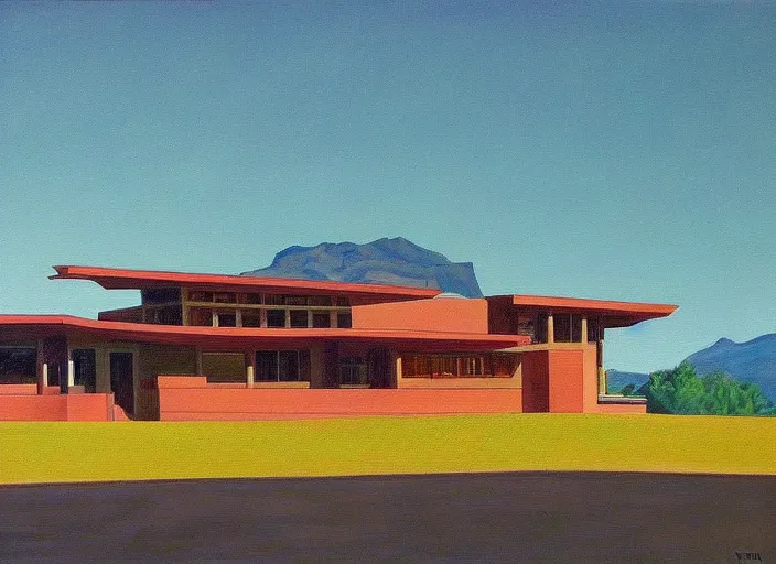 Image similar to painting of a frank lloyd wright house in front of beautiful mountains by wayne thiebaud