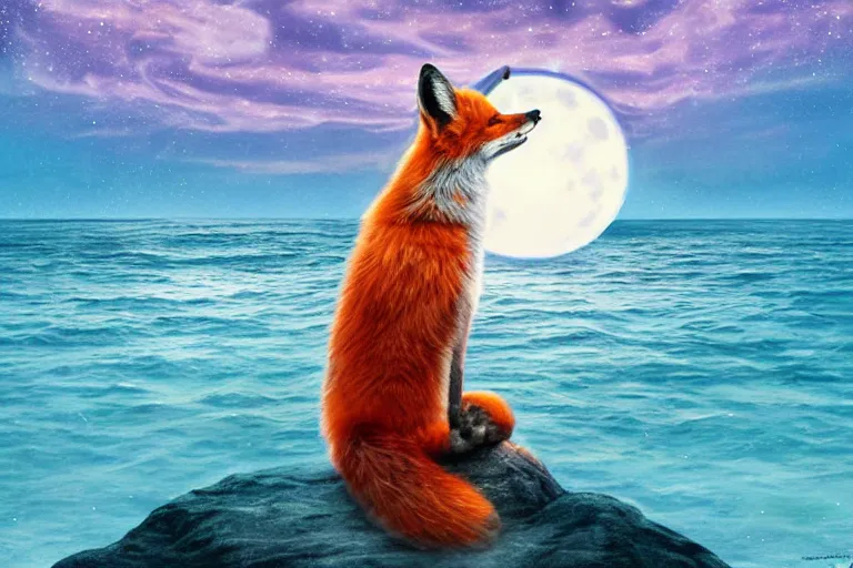 Image similar to close shot of human with fox ears standing in the middle of the ocean, digital art, acrylic, detailed, glows, moonlight,