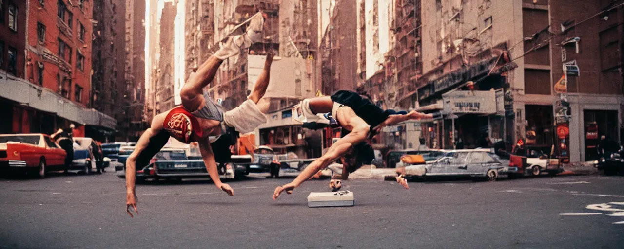 Image similar to 1 9 8 0's breakdancing next to a boombox,!!! spaghetti, nyc, afternoon light, detailed, canon 2 0 mm, wes anderson, kodachrome