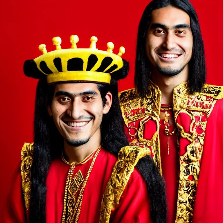 Prompt: A photo of Emperor Kuzco!!!!!!!!!!!!!!!! in his early 20s, peruvian looking, with his long black hair, beardless, smiling with confidence, and wearing!!! his red emperor clothes. Portrait by Terry Richardson. Golden hour. 8K. UHD. Bokeh.
