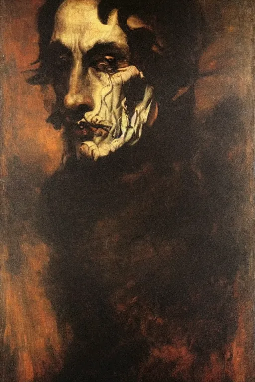 Prompt: menacing portrait of medici emerging from the dark void, figure in the darkness, painted by Eugène Delacroix, John Singer Sargant, Adrian Ghenie, Francis Bacon,