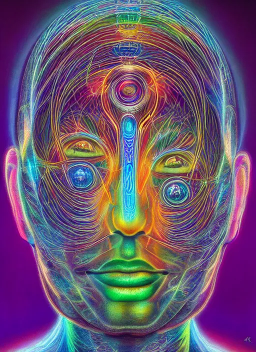Image similar to humankind transcendence into collaborative intelligence, connectedness, body, ai, by alex grey, album cover, award winning, beautiful, colorful, volumetric lighting, trending on artstation
