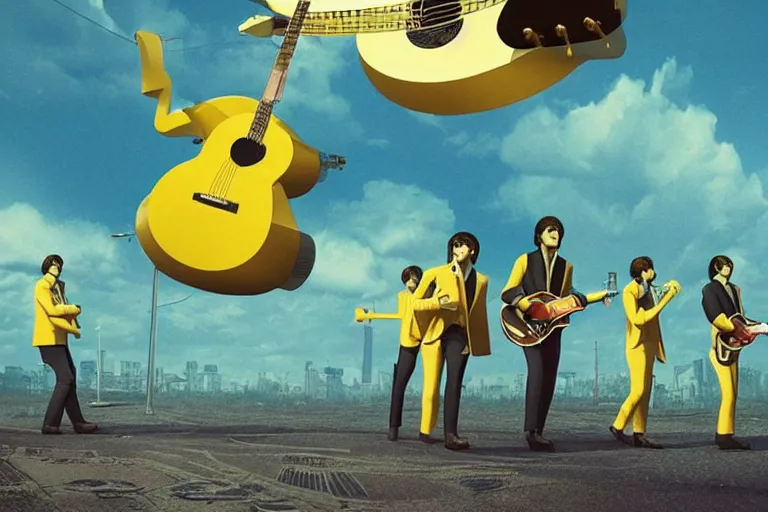 Prompt: the beatles performs with guitar on a yellow flying bus, sci fi, art by mike winkelmann, trending on cgsociety, retrofuturism, darksynth, sci - fi