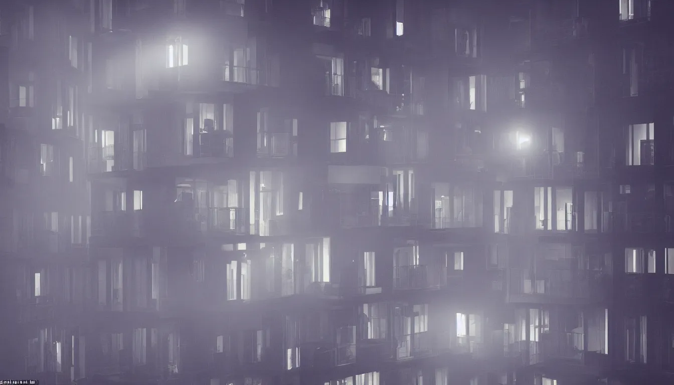 Image similar to Spying into the windows of a small tower block from outside , observing the private lives of the human inhabitants, volumetric lighting shines through the misty nighttime sky , full color