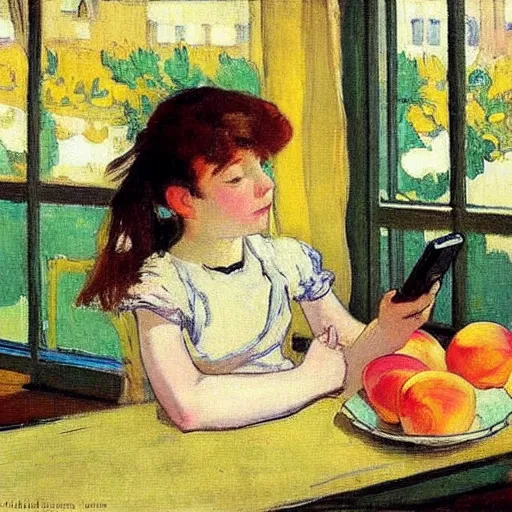 Prompt: a girl with phones on a table sits at a table in a sunny room, the window is open, peaches on a table, by valentin serov