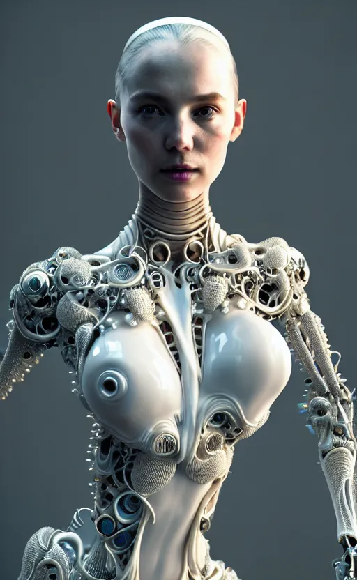 Image similar to intricate hyper detailed ultra sharp 3 d render of a beautiful smooth translucent porcelain seductive cyborg woman portrait, medium shot portrait, bright light, alexandre ferra mecha, haute couture cyberpunk art nouveau huge white fractal mycelum and fungi magnolia goliath head ornaments, big embroidered leaves filigree sinuous roots, octane render, volumetric cinematic lighting, 8 k, vray tracing