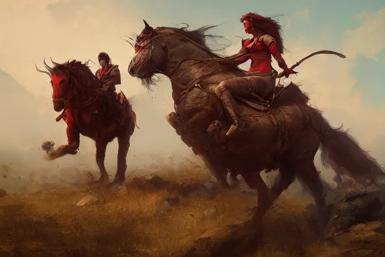 Image similar to Red ogre riding a horse, funny, portrait, Greg rutkowski