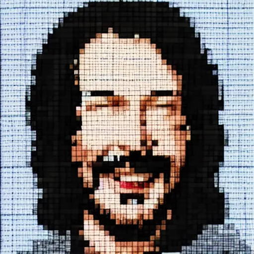Prompt: a cross-stitch of smiling keanu reeves