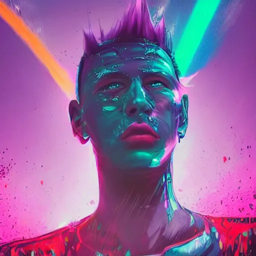 Image similar to splashes of neon clouds, mowhawk, punk portrait made out of paint with rain in the background, trending on artstation, epic composition, emotional, beautiful, rendered in octane, highly detailed, realistic, comic book art, sharp focus, matte painting, unreal engine
