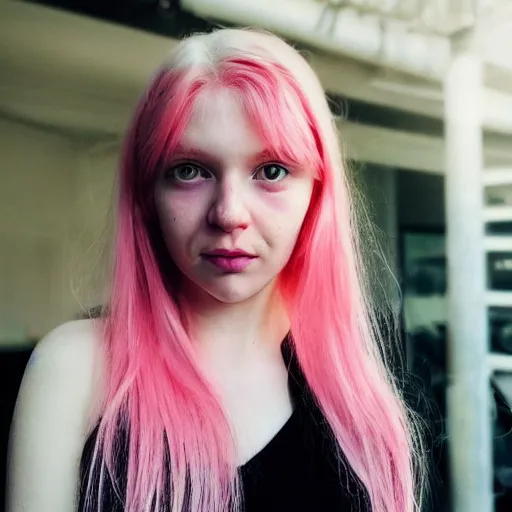 Prompt: a pale girl with pink hair and yellow eyes, soft facial features, looking directly at the camera, neutral expression, instagram picture