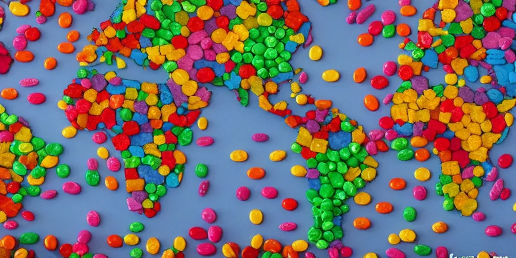 Image similar to a world map made out of candy pieces