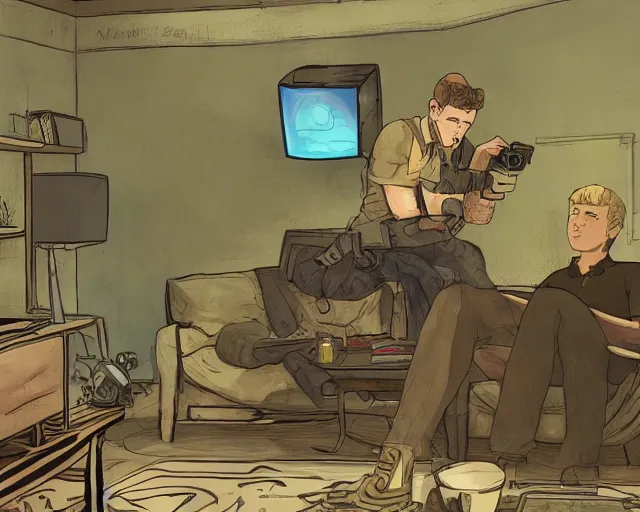 Prompt: a beautiful illustration of my friend mark kidd, playing fallout new vegas on the xbox 3 6 0 in his living room. the tv is the only light source, in the style of studio ghibli, artwork by studio ghibli, cinematic composition, anime