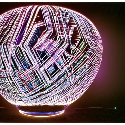 Image similar to annie liebowitz portrait of a plasma energy tron dinosaur egg in the form of a random geometric shapes, made up of glowing electric plates and patterns. cinestill