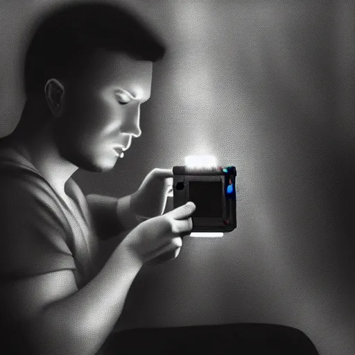 Prompt: a guy playing a gameboy, his face is being sucked into the gameboy's screen, photorealistic, painterly, modern, hyper realism, green lighting, dynamic shadows, 4 k, unreal engine, artstation