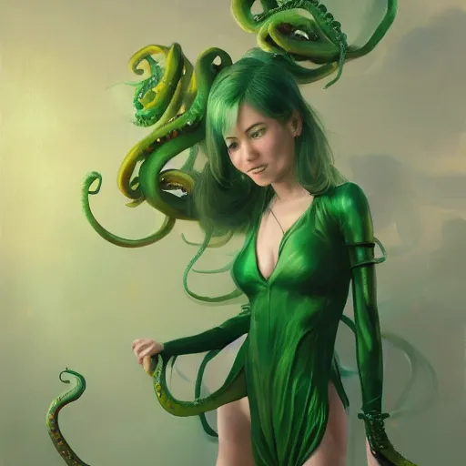 Image similar to A girl in a green dress, with tentacles coming out from underneath the dress, huggy wuggy from poppy playtime video game, fullbody, ultra high detailed, oil painting, Greg Rutkowski, Charlie Bowater, Yuumei, Yanjun Cheng, unreal 5, DAZ, hyperrealistic, octane render, RPG portrait, dynamic lighting, fantasy art, beautiful face