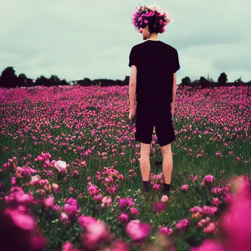 Image similar to kodak portra 4 0 0 photograph of a skinny goth guy standing far back in a field of flowers, back view, flower crown, moody lighting, telephoto, 9 0 s vibe, blurry background, vaporwave colors, faded!,