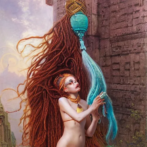 Image similar to birth of mami wata, sumerian goddess inanna ishtar, ashteroth, techno mystic goddess princess intergalactica, with aqua neon rapunzel dreadlocks, mami wata, detailed, by gaston bussiere, bayard wu, greg rutkowski, giger, maxim verehin, greg rutkowski, masterpiece, sharp focus,