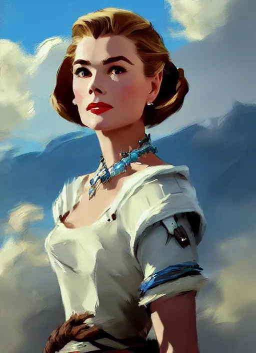 Image similar to A combination of Grace Kelly’s and Audrey Hepburn's appearance as Aloy from Horizon Zero Dawn, countryside, calm, fantasy character portrait, dynamic pose, above view, sunny day, thunder clouds in the sky, artwork by Jeremy Lipkin and Giuseppe Dangelico Pino and Michael Garmash and Rob Rey and Greg Manchess, very coherent asymmetrical artwork, sharp edges, perfect face, simple form, 100mm