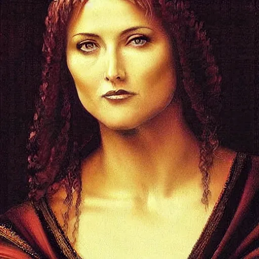 Image similar to a striking hyper real painting of Lucy Lawless by da Vinci.